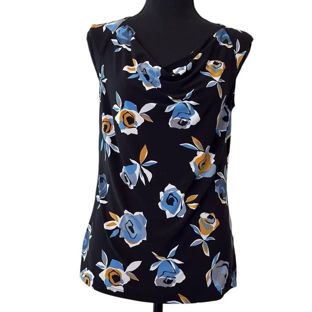 Kasper Rose Floral Print Cap Cowl Neck Black Combo Tank Blouse Small